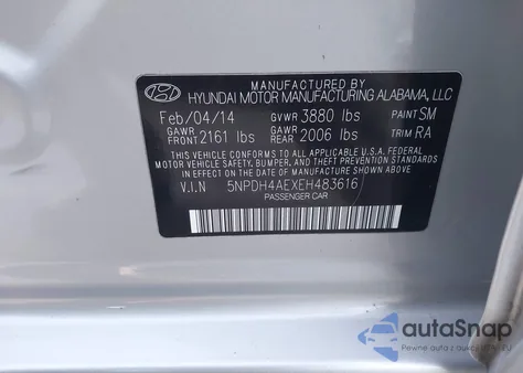 2014 Hyundai Elantra Limited z USA, uszkodzony, nr VIN 5NPDH4AEXEH483616